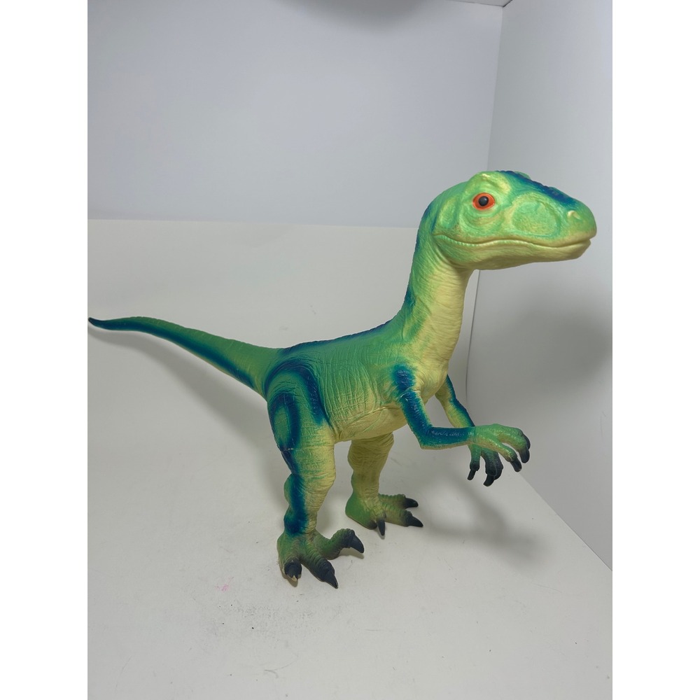 Large Velociraptor Dinosaur Action Figure Green Blue Striped 14 Inch Toy